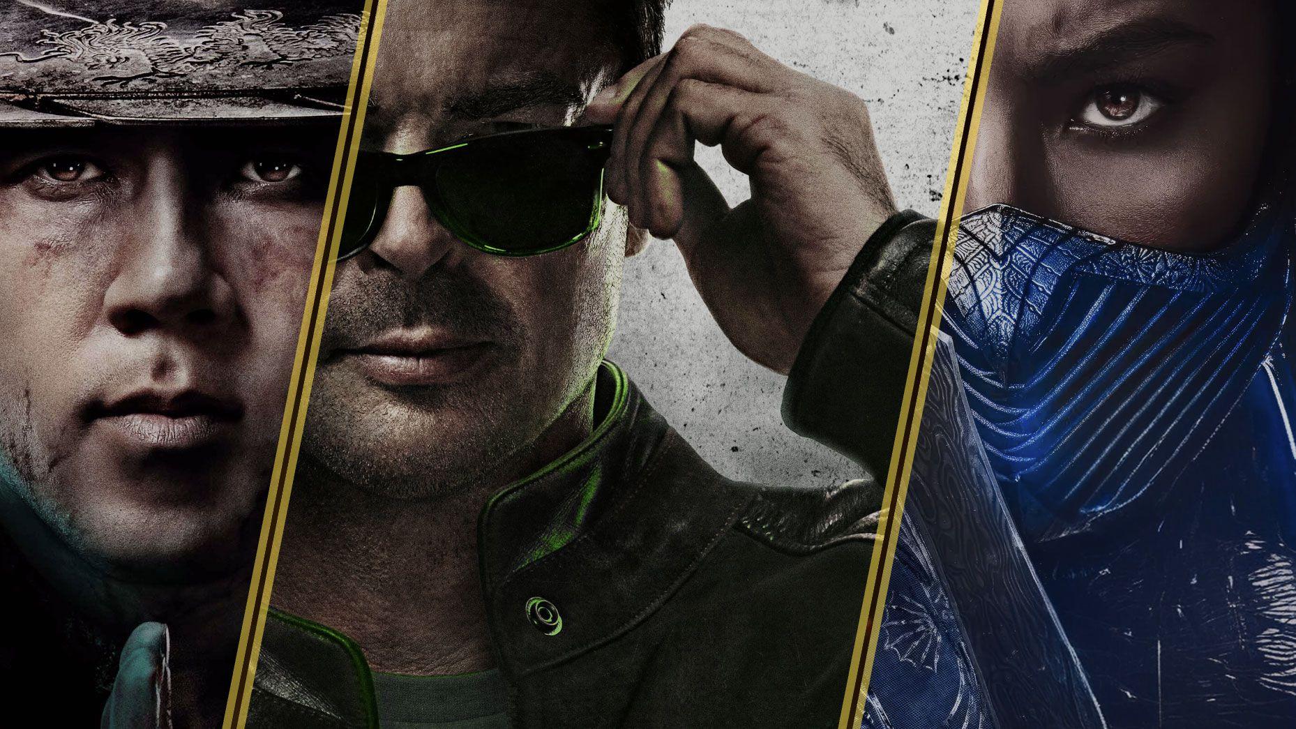Mortal Kombat — three character portraits side by side, split by gold bars.