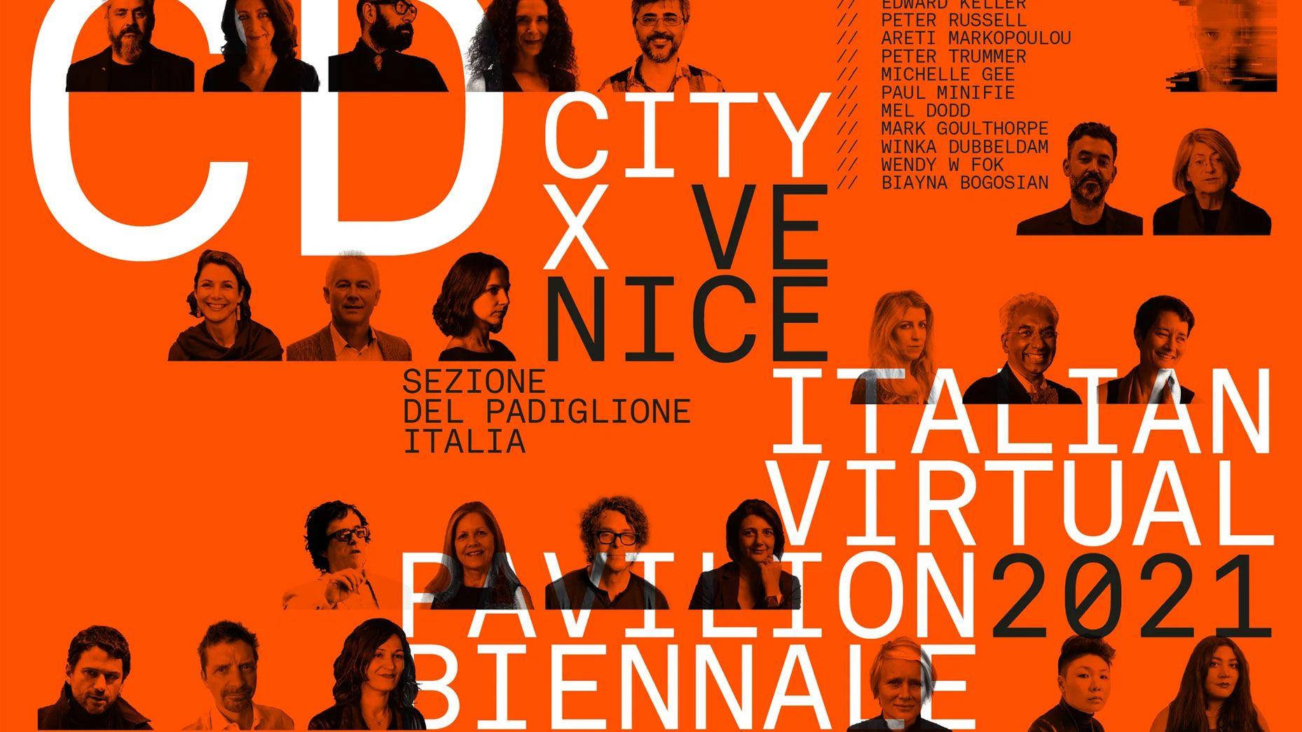 City X Venice — Italian Virtual Pavilion, Biennale 2021 poster with contributor portraits on orange.