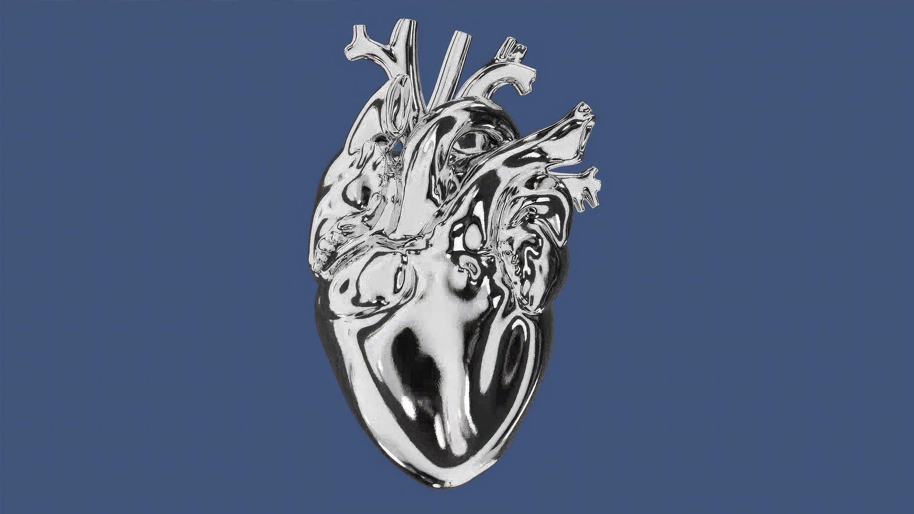 Aurora — chrome anatomical heart on a blue background.
